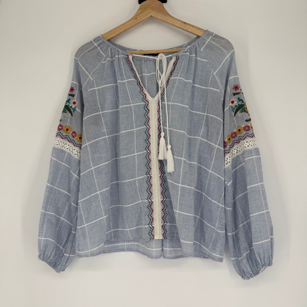 Aqua Peasant Blouse Womens Blue Plaid Embroidered Tassel Boho Coastal Aesthetic